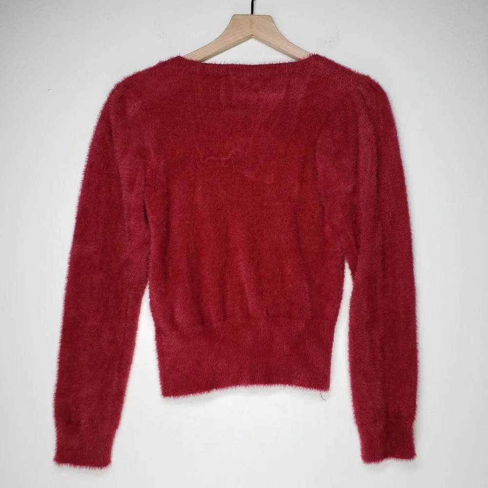 ASTR The Label Fuzzy Cropped Sweater Square Neckline M Wine Maroon Puff Shoulder